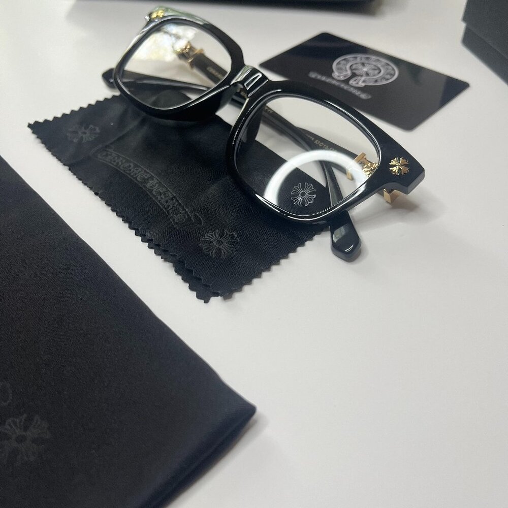 Chrome Hearts Black Glasses – Rectangular Unisex Frame with Gold Accents